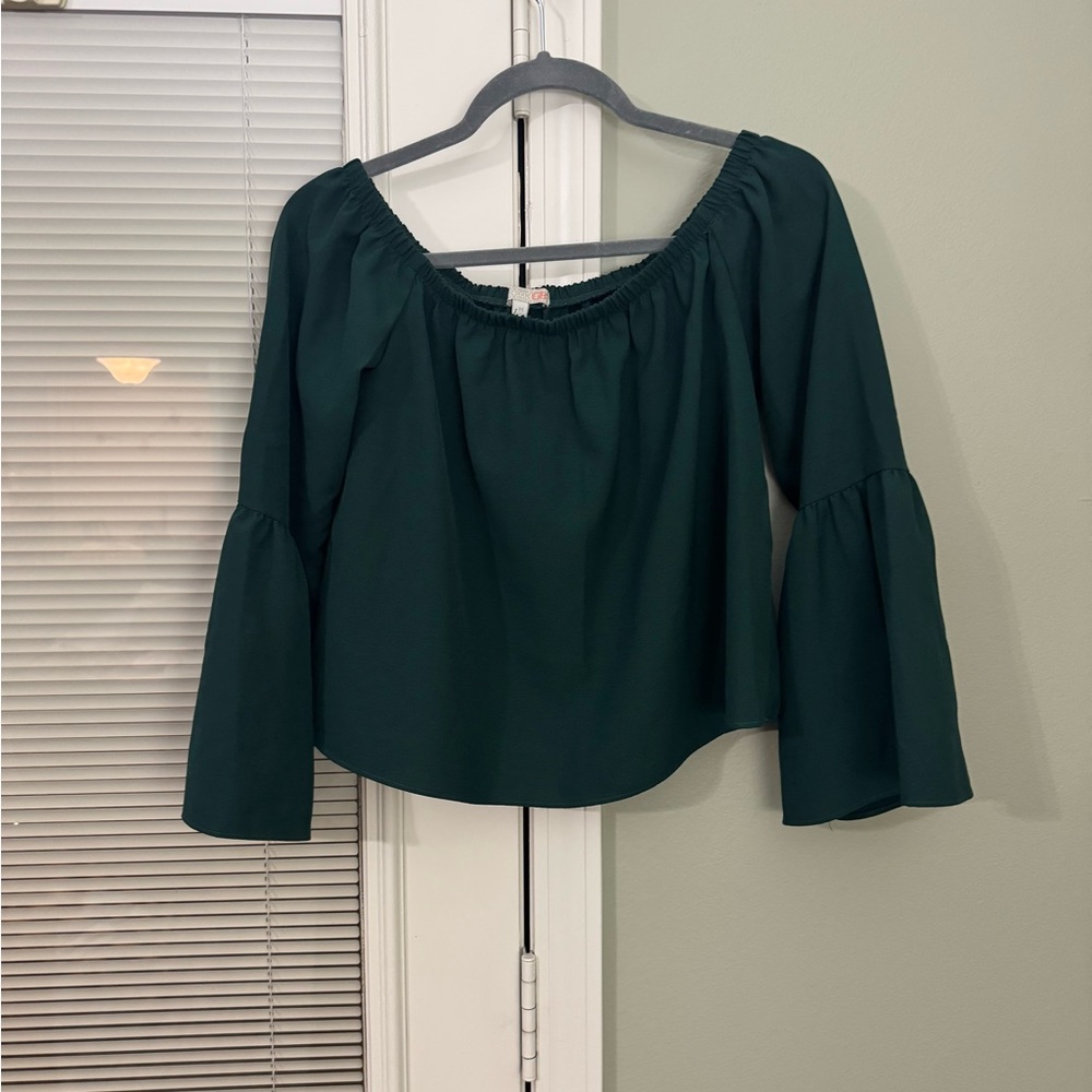Gianni Bini Dark Green Off-Shoulder Cropped Blouse with Bell Sleeves